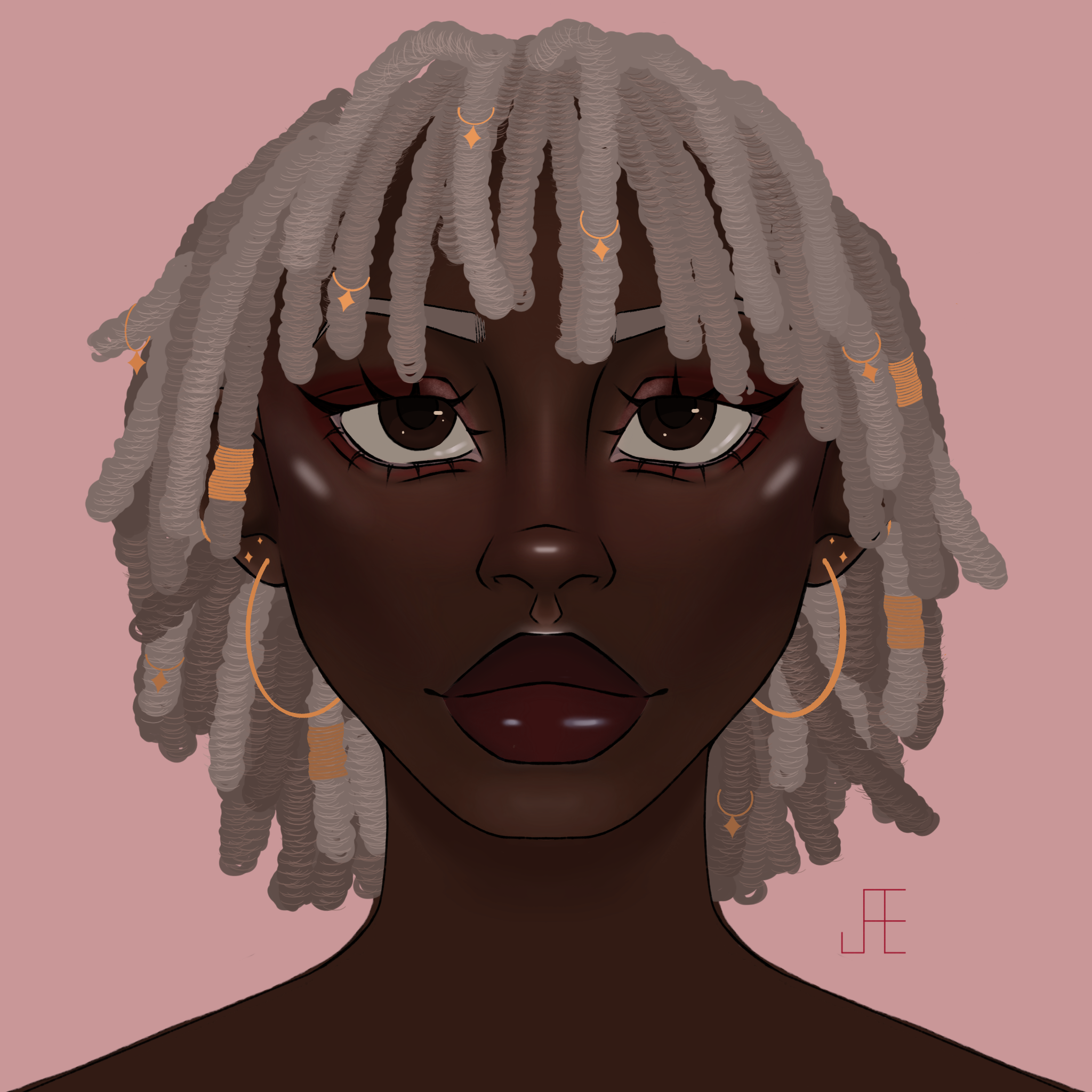 headshot drawing of an African American girl with blonde dreads