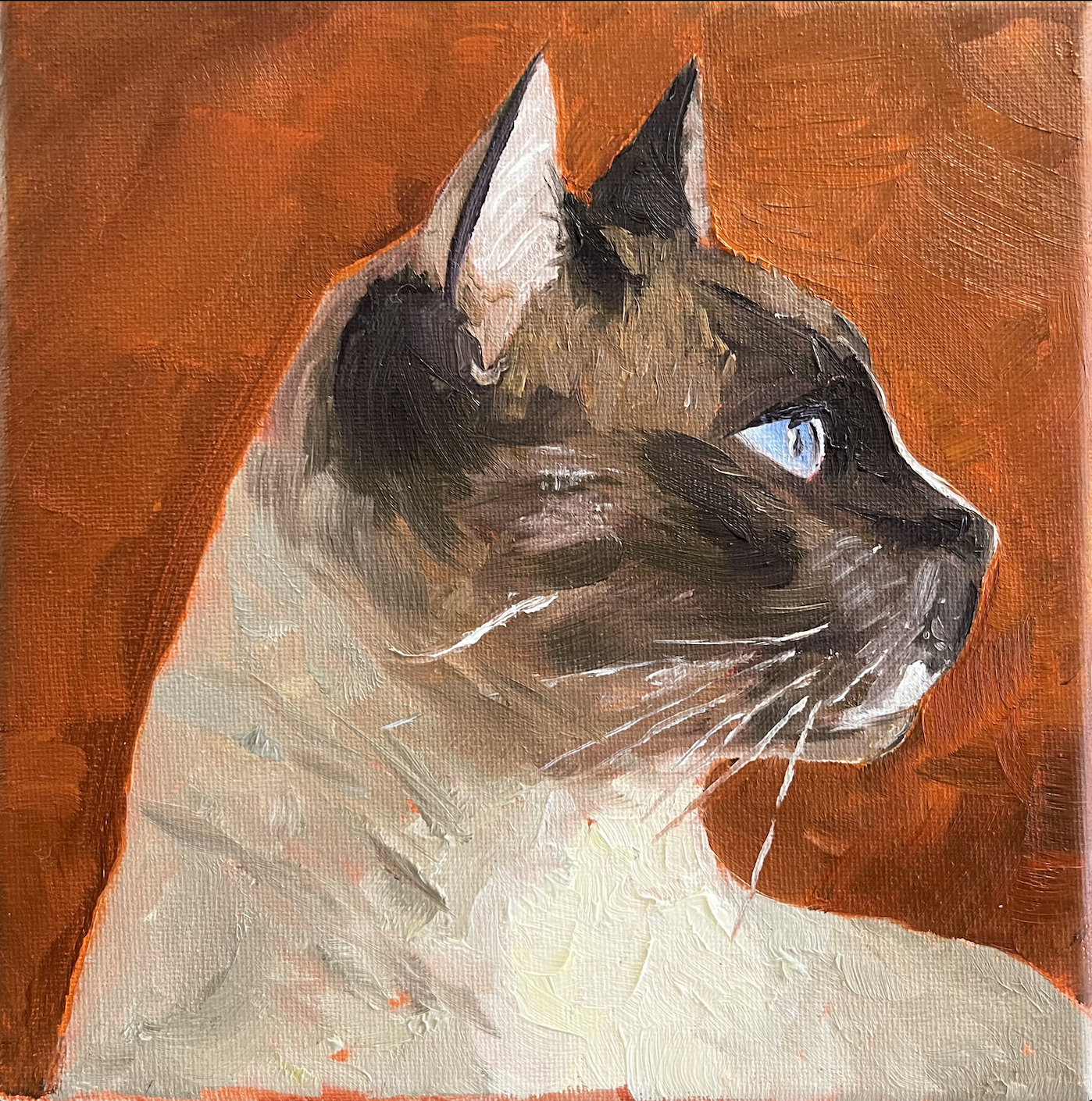 painting of a white cat with a brown head, orange background