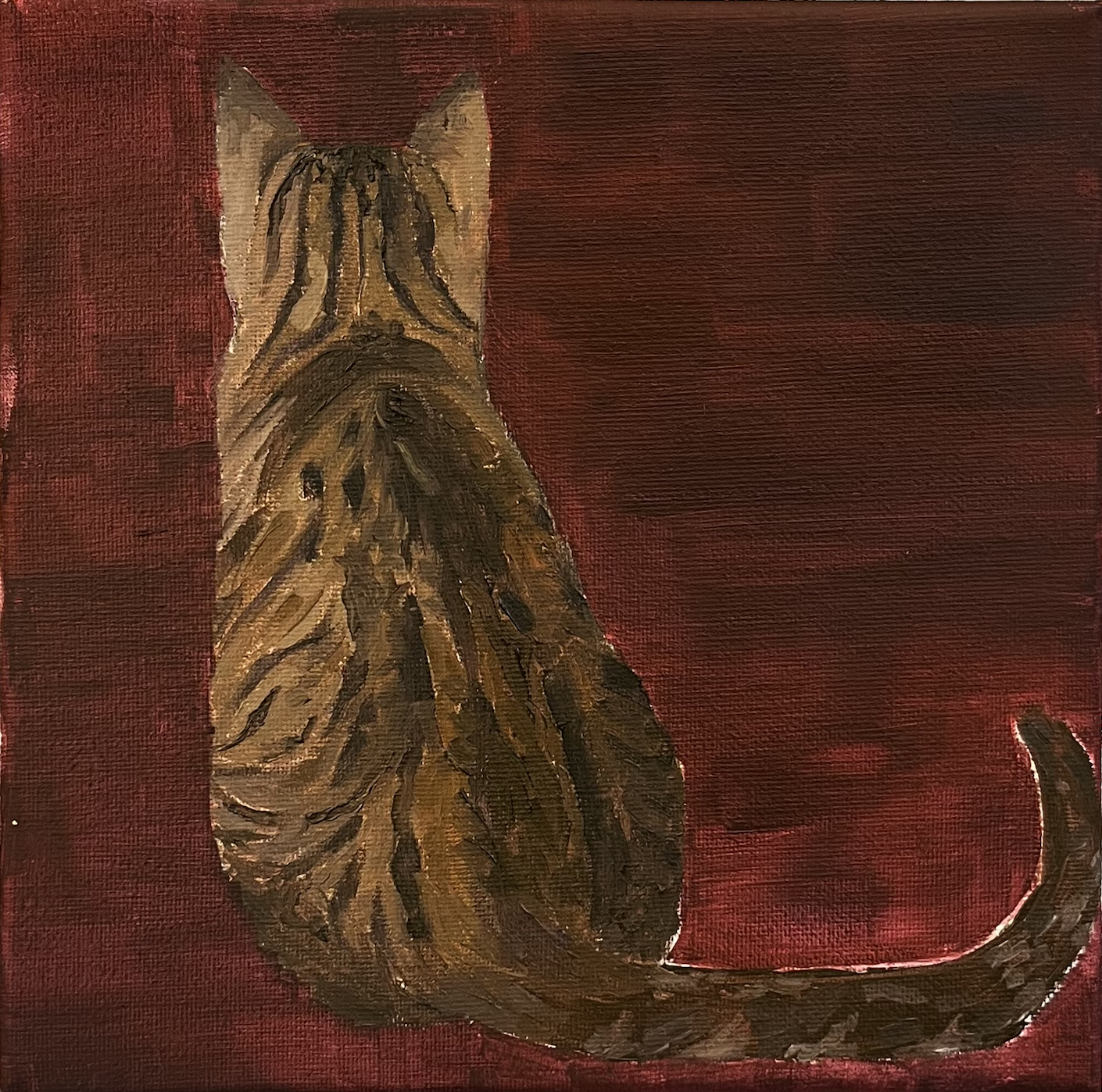 painting of the back of a mackerel tabby cat