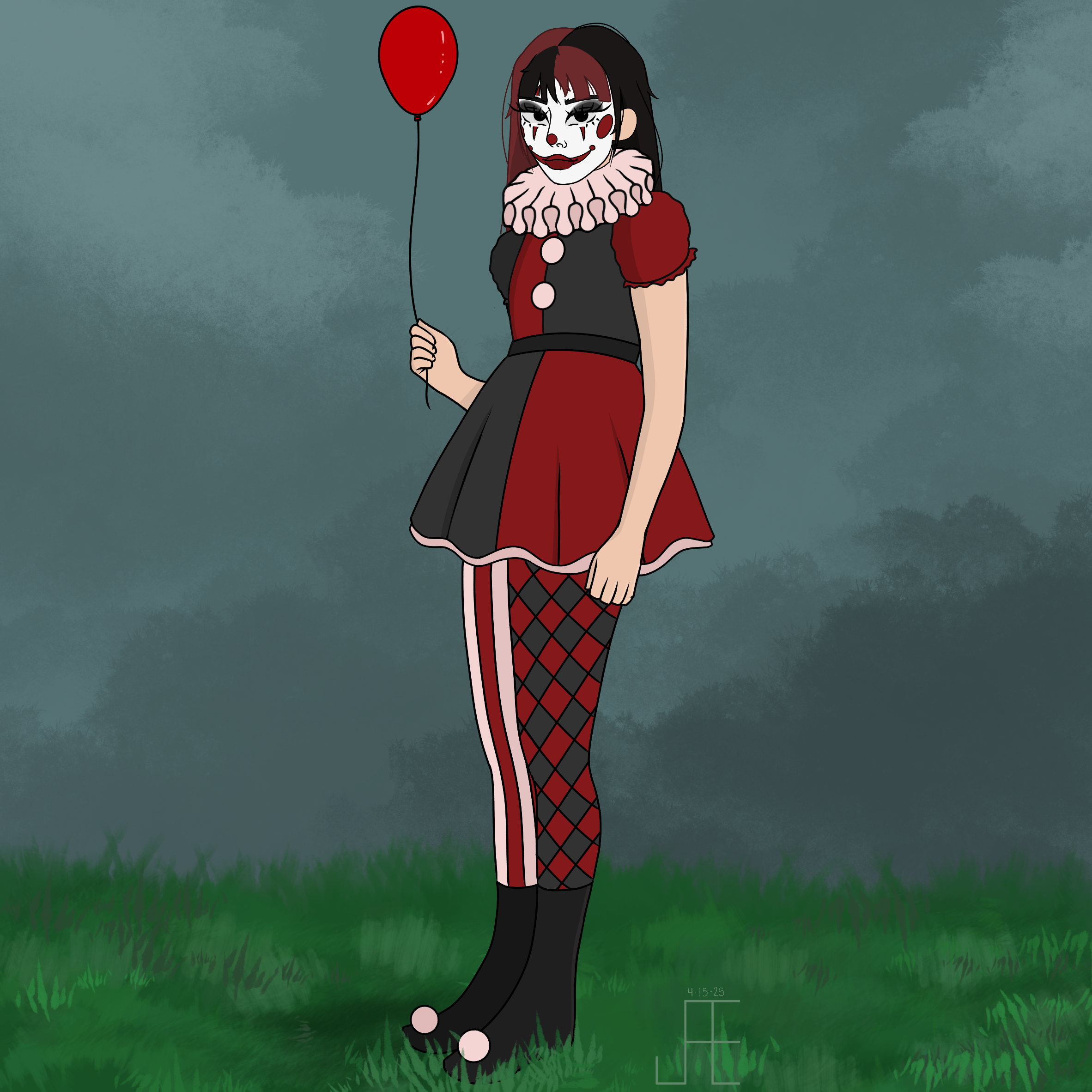 full body drawing of a slightly creepy clown