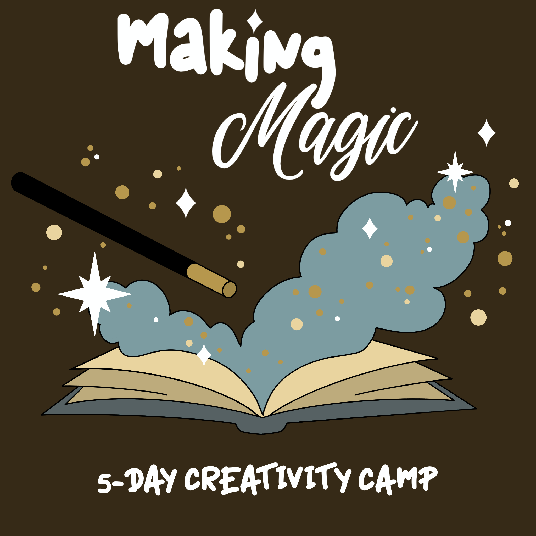 drawing of a book with a magic wand and smoke