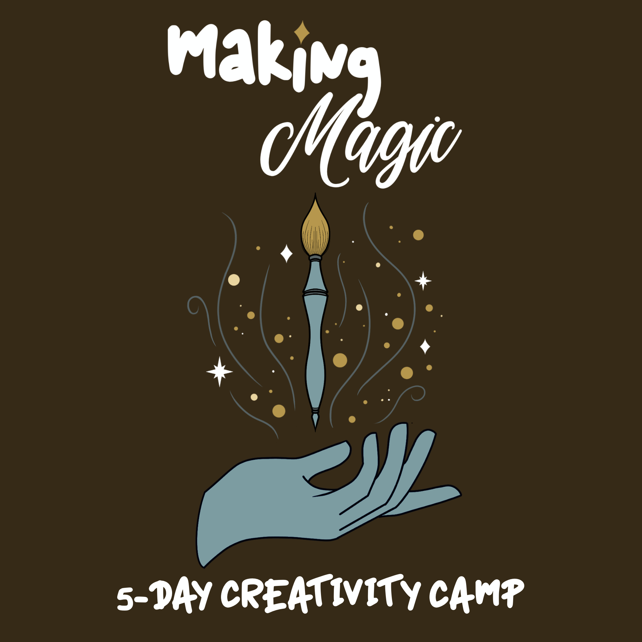 drawing of a hand and floating paintbrush with sparkles